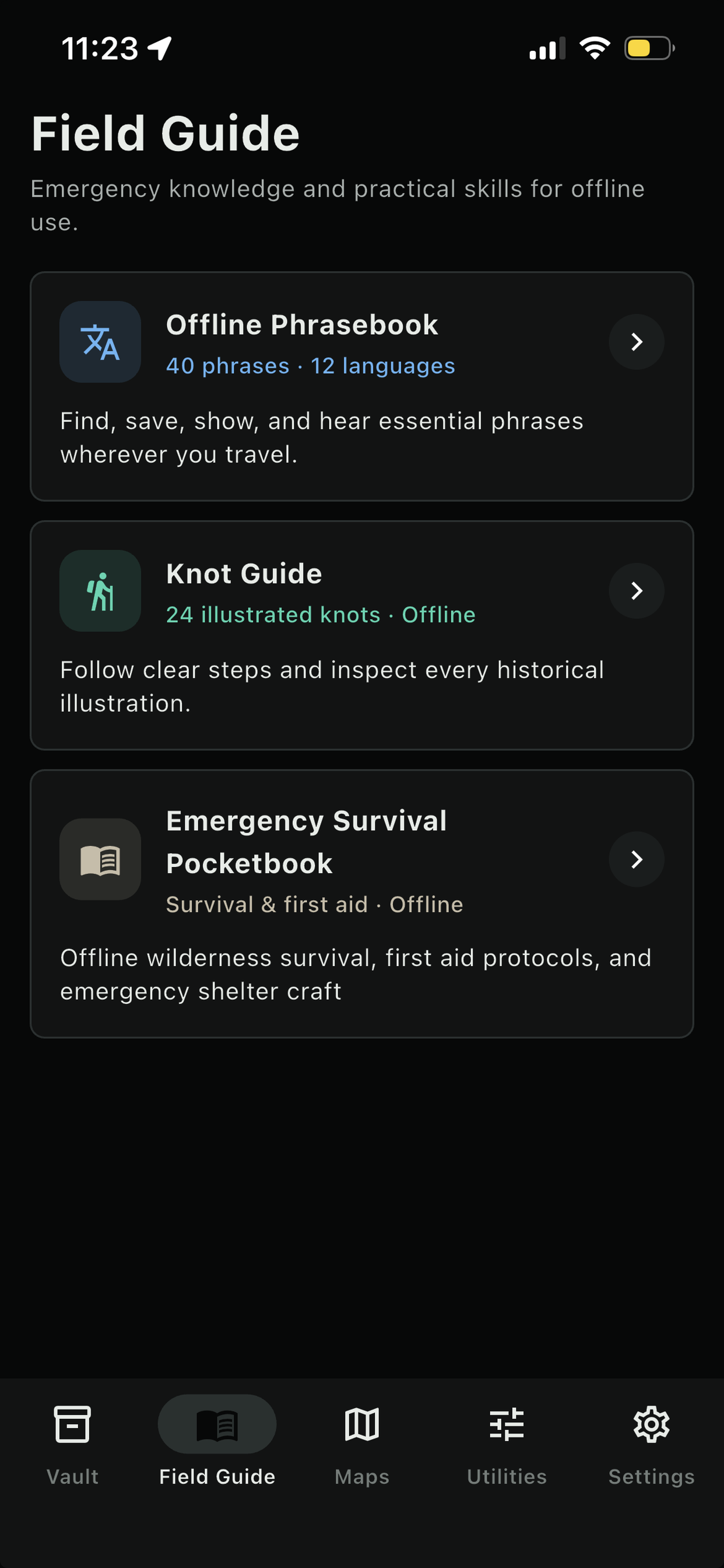 Wayvault offline Field Guide screen
