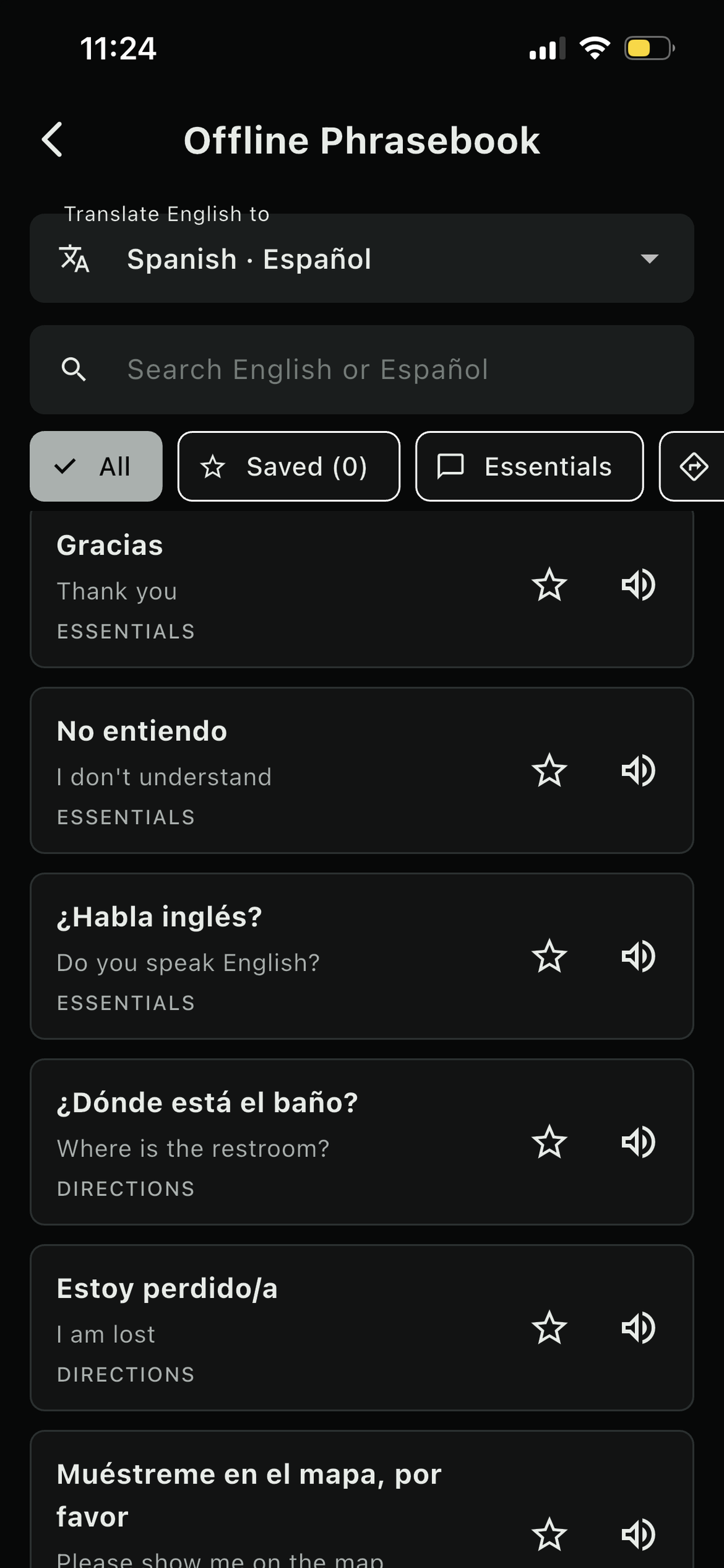 Wayvault offline phrasebook in Spanish