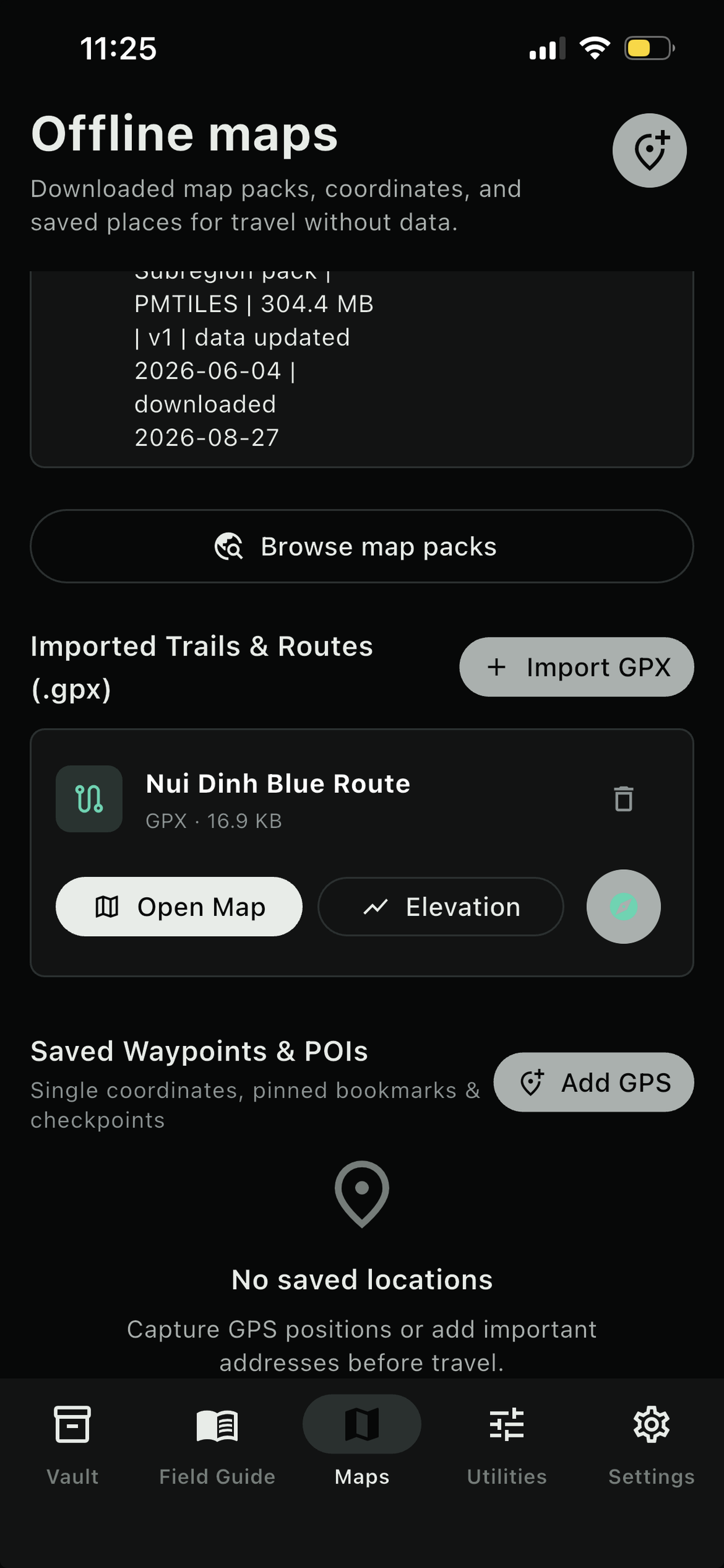 Wayvault imported routes and saved places screen