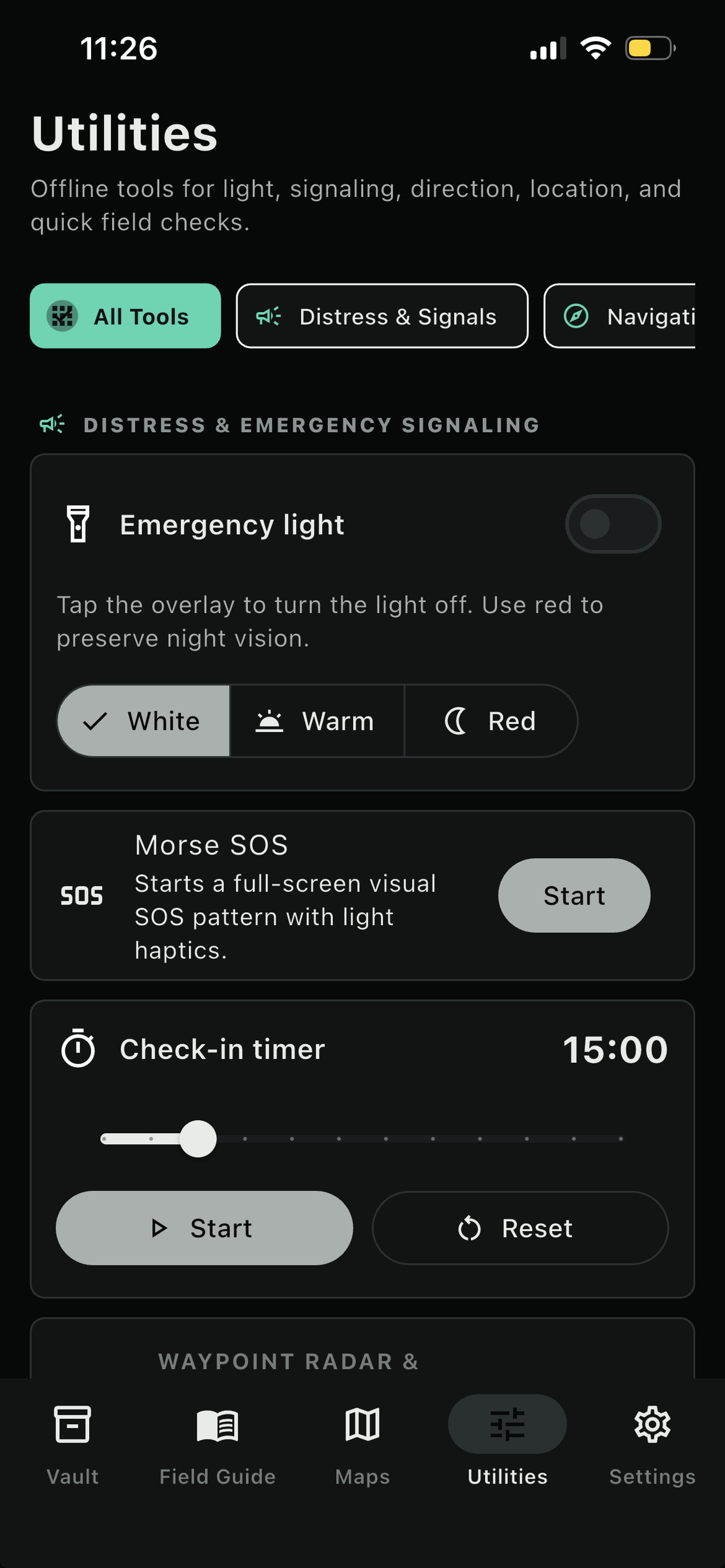 Wayvault emergency utilities screen