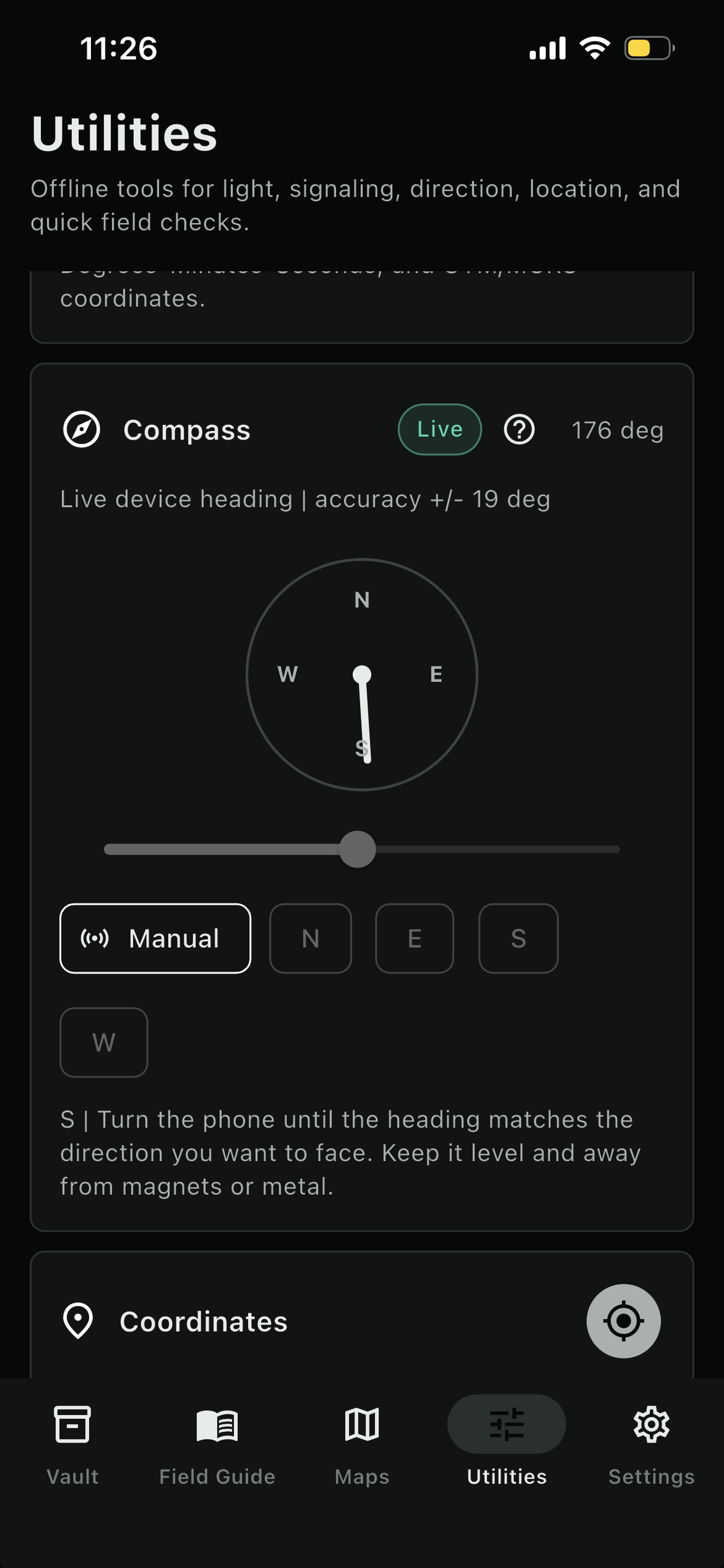 Wayvault compass and coordinates screen