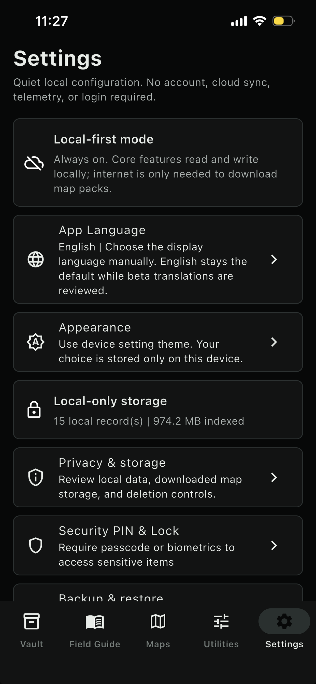 Wayvault local-first settings screen