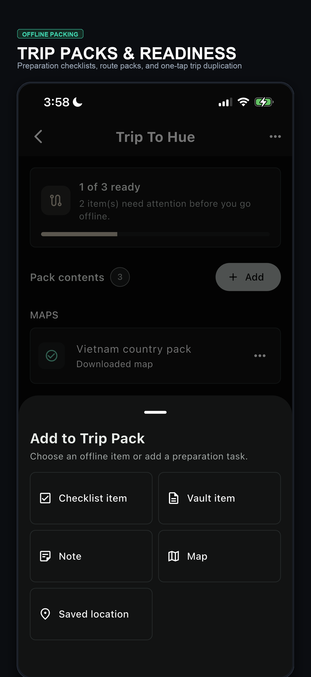 Wayvault Trip Packs and Readiness screenshot