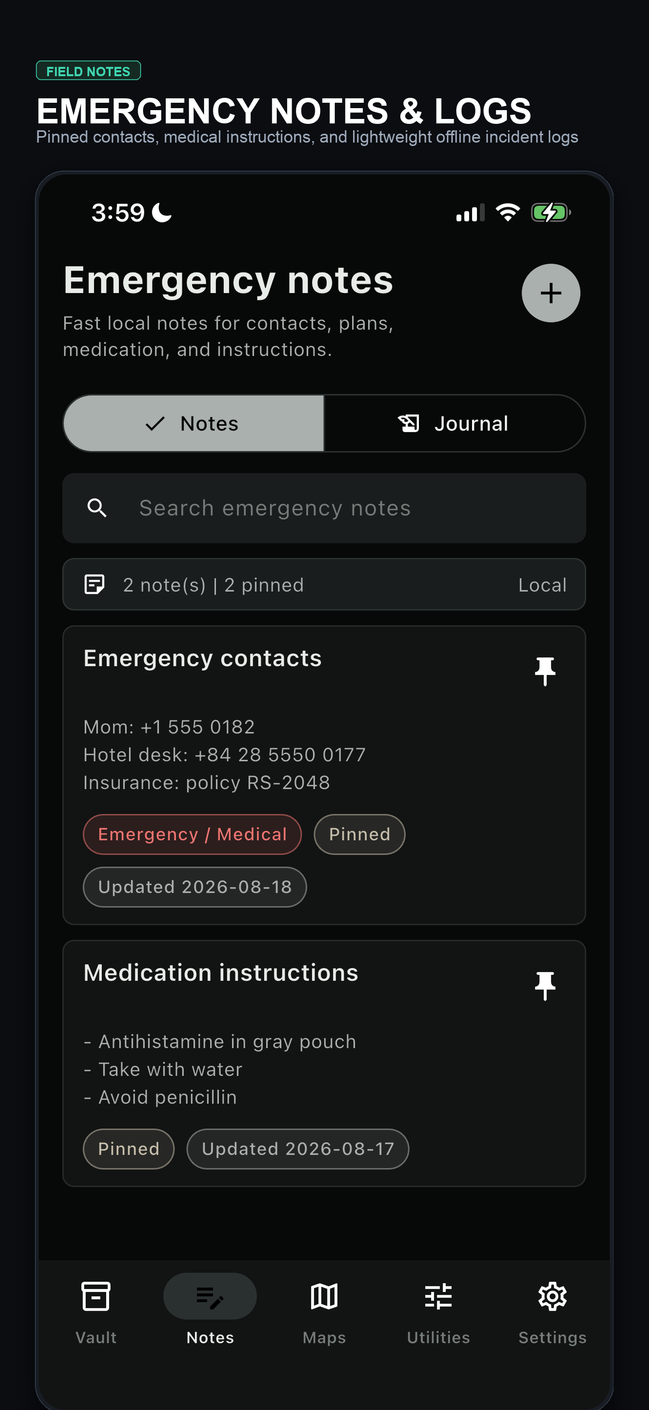 Wayvault Emergency Notes and Logs screenshot